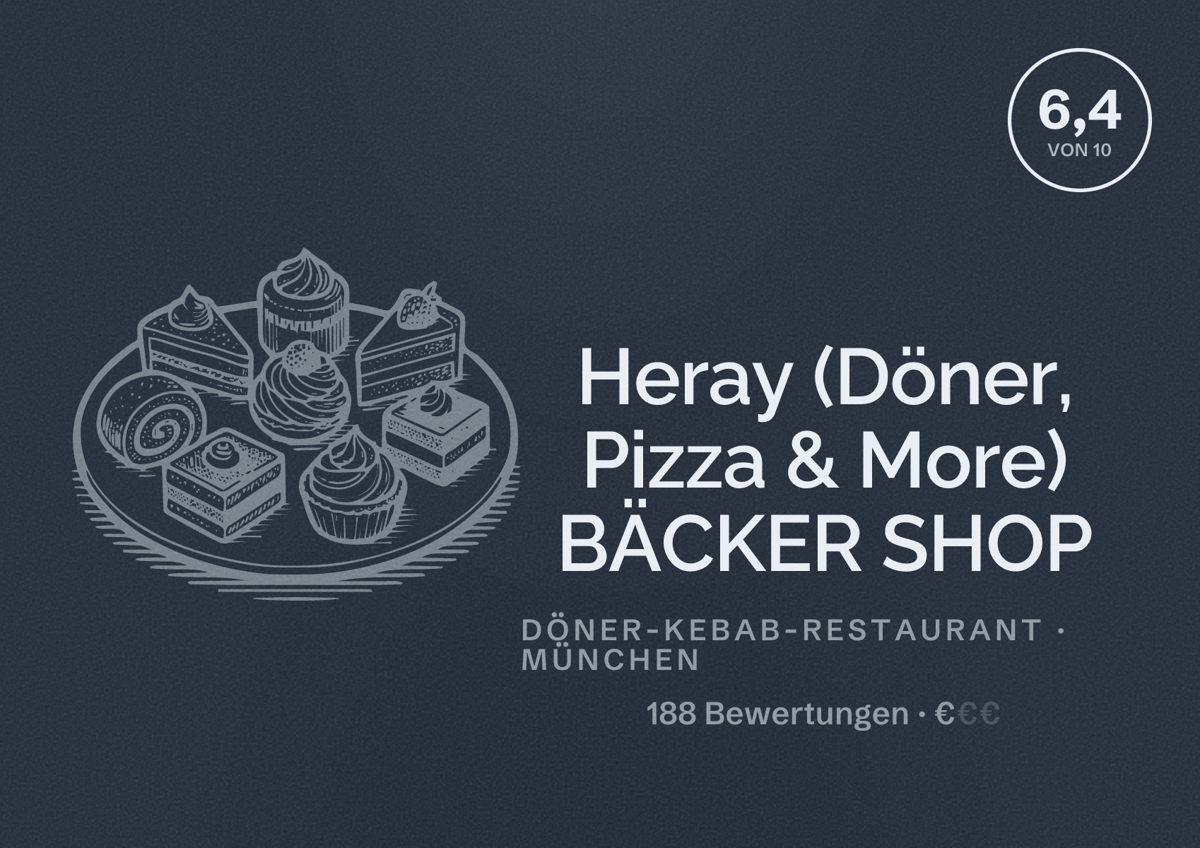 Illustriertes Poster von Heray (Döner, Pizza & More) BÄCKER SHOP, Döner-Kebab-Restaurant in München: Bewertung 6,4 von 10 aus 188 Bewertungen, Preisniveau €
