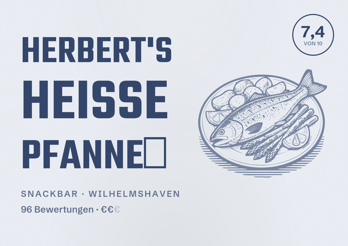 Illustriertes Poster von Herbert's Heiße Pfanne🥘, Snackbar in Wilhelmshaven: Bewertung 7,4 von 10 aus 96 Bewertungen, Preisniveau €€