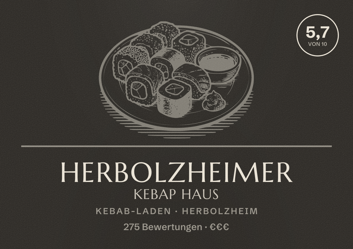 Illustriertes Poster von Herbolzheimer Kebap Haus, Kebab-Laden in Herbolzheim: Bewertung 5,7 von 10 aus 275 Bewertungen, Preisniveau €€€