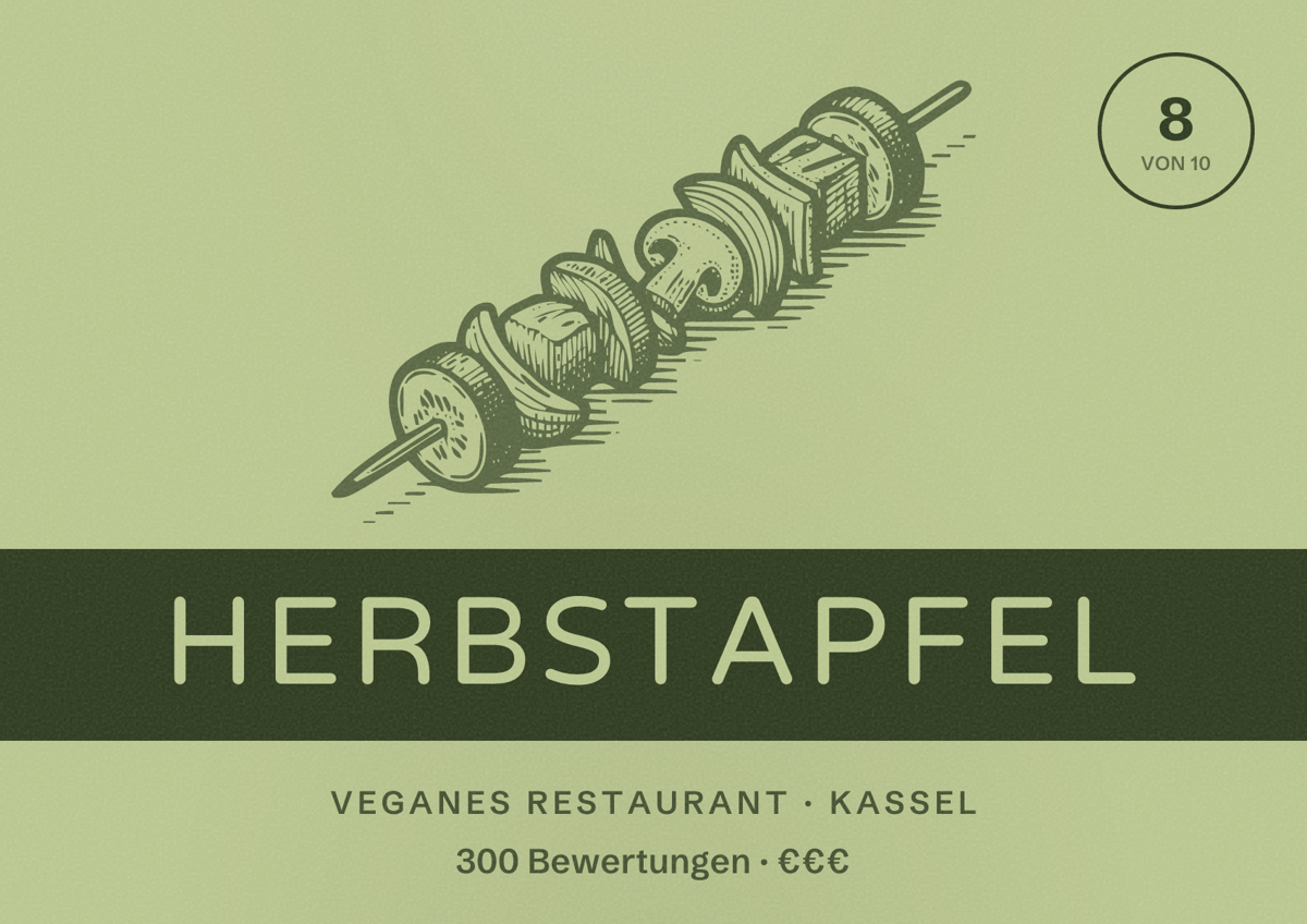 Illustriertes Poster von Herbstapfel, Veganes Restaurant in Kassel: Bewertung 8 von 10 aus 300 Bewertungen, Preisniveau €€€