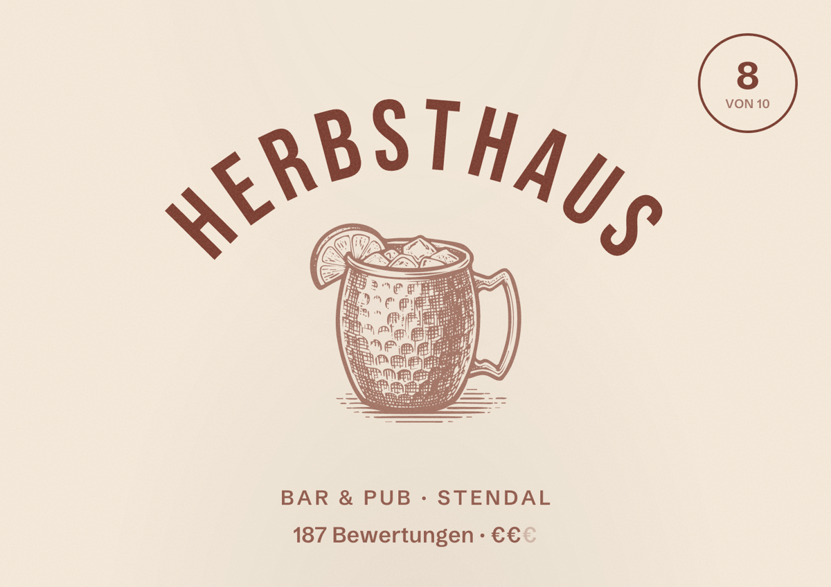 Illustriertes Poster von Herbsthaus, Bar & Pub in Stendal: Bewertung 8 von 10 aus 187 Bewertungen, Preisniveau €€