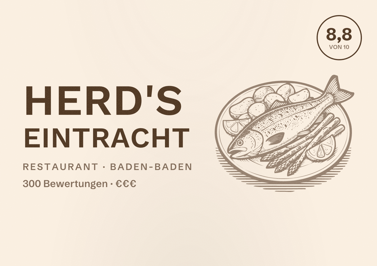 Illustriertes Poster von Herd's Eintracht, Restaurant in Baden-Baden: Bewertung 8,8 von 10 aus 300 Bewertungen, Preisniveau €€€