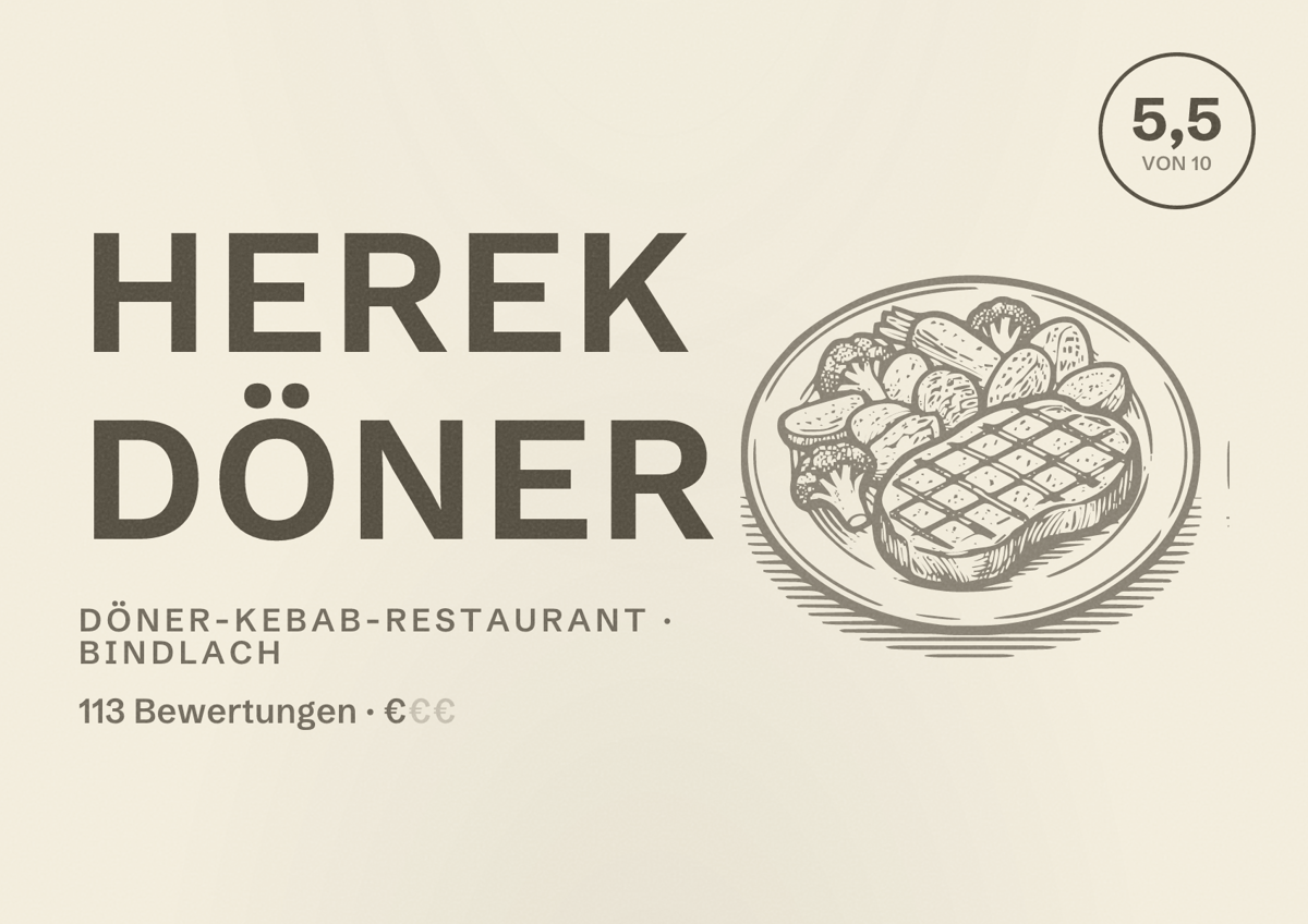 Illustriertes Poster von Herek Döner, Döner-Kebab-Restaurant in Bindlach: Bewertung 5,5 von 10 aus 113 Bewertungen, Preisniveau €