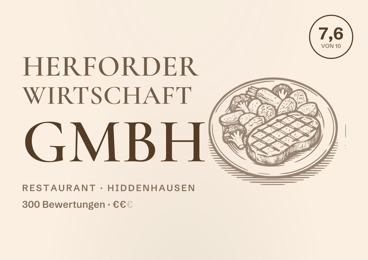 Illustriertes Poster von Herforder Wirtschaft GmbH, Restaurant in Hiddenhausen: Bewertung 7,6 von 10 aus 300 Bewertungen, Preisniveau €€