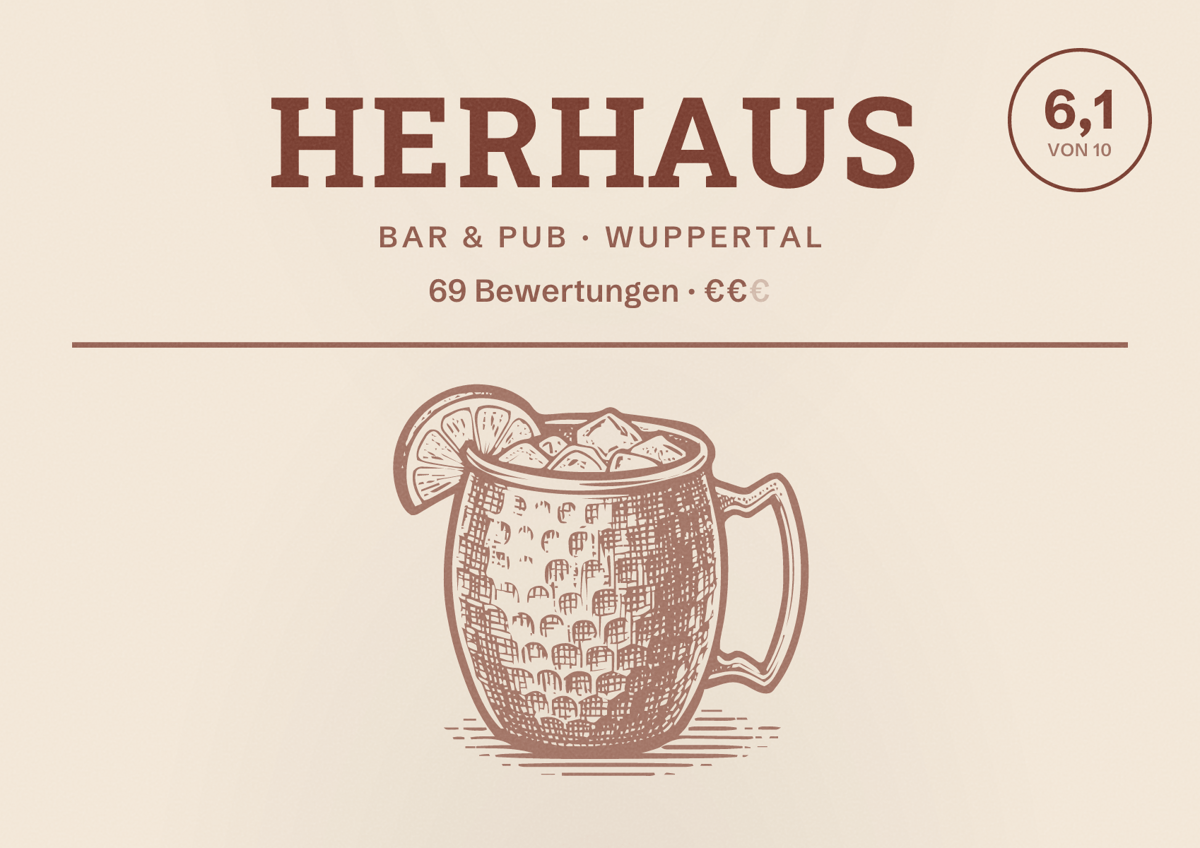 Illustriertes Poster von Herhaus, Bar & Pub in Wuppertal: Bewertung 6,1 von 10 aus 69 Bewertungen, Preisniveau €€