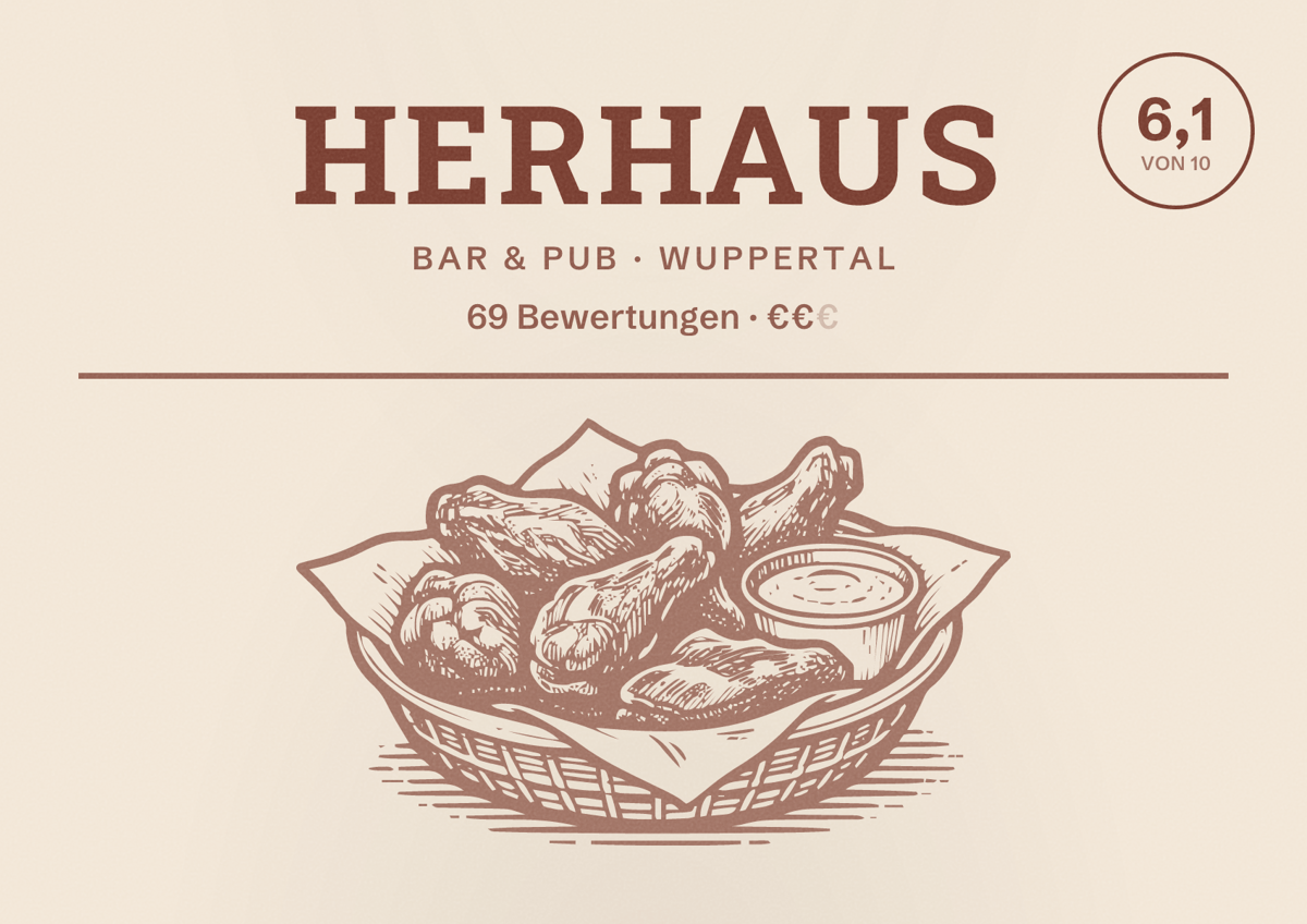 Illustriertes Poster von Herhaus, Bar & Pub in Wuppertal: Bewertung 6,1 von 10 aus 69 Bewertungen, Preisniveau €€