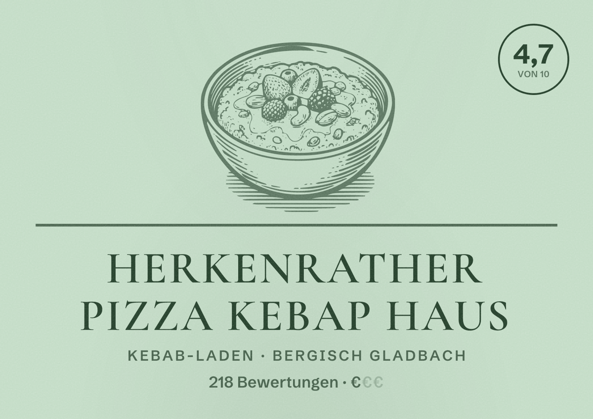 Illustriertes Poster von Herkenrather Pizza Kebap Haus, Kebab-Laden in Bergisch Gladbach: Bewertung 4,7 von 10 aus 218 Bewertungen, Preisniveau €