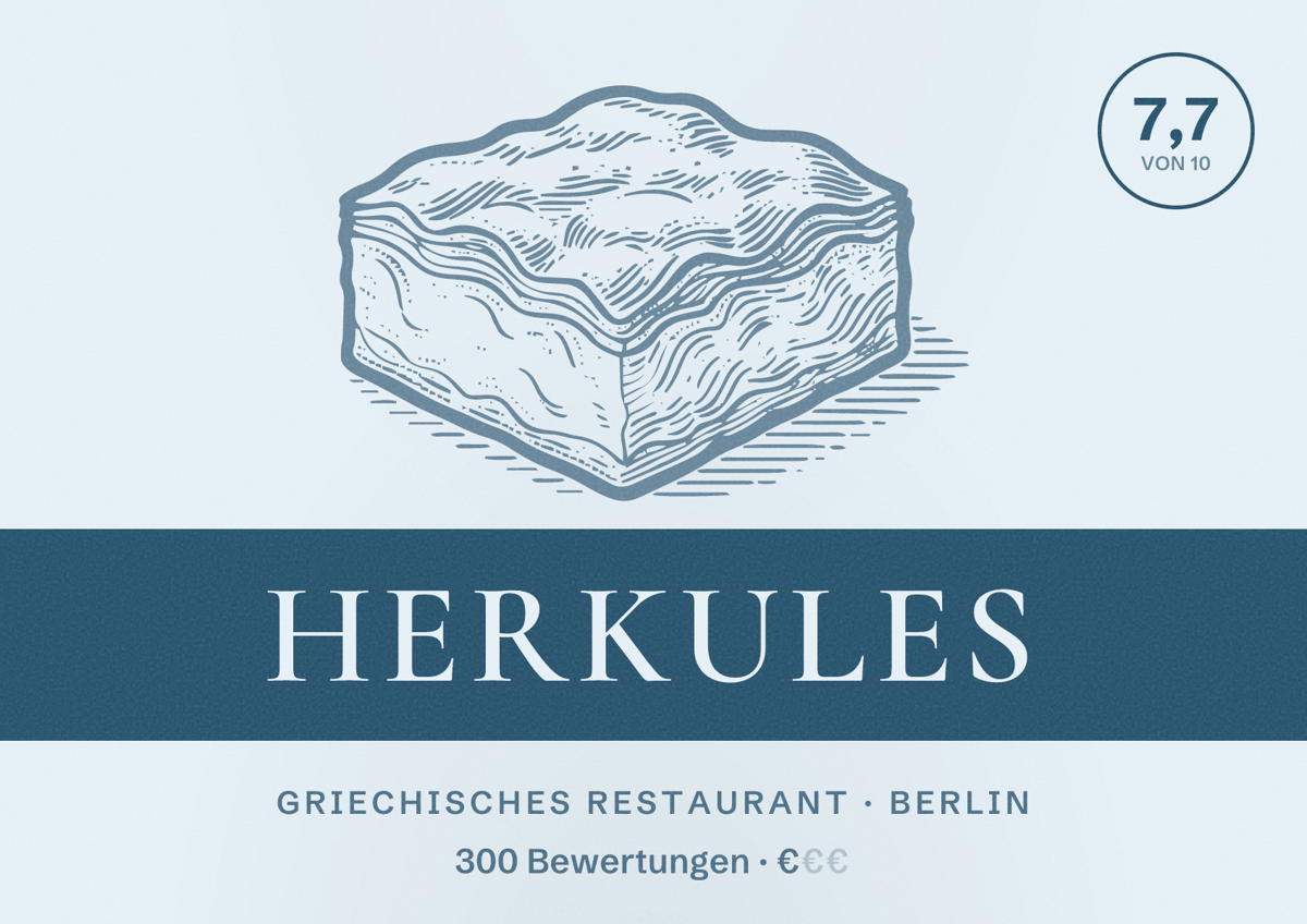 Illustriertes Poster von Herkules, Griechisches Restaurant in Berlin: Bewertung 7,7 von 10 aus 300 Bewertungen, Preisniveau €