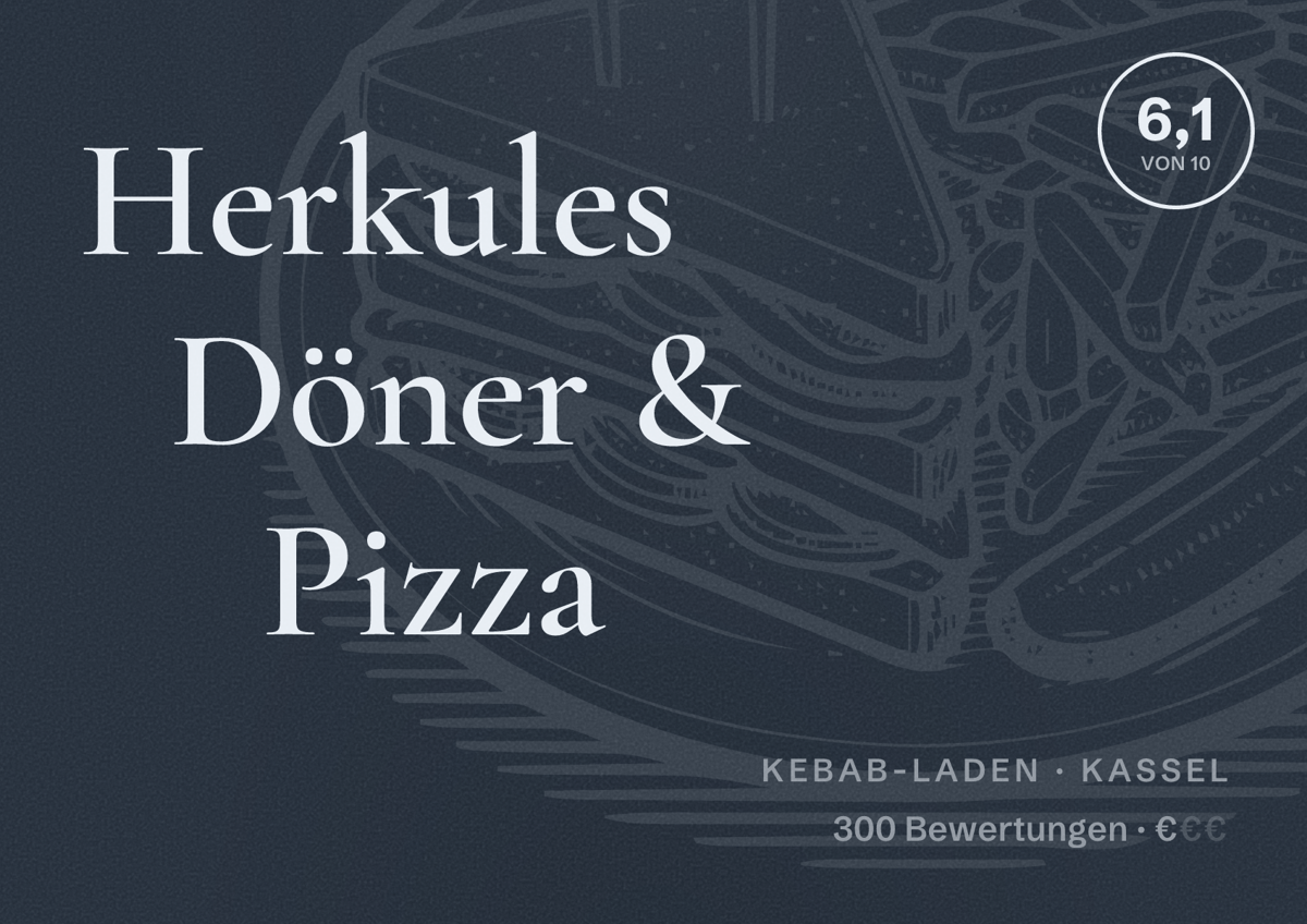 Illustriertes Poster von Herkules Döner & Pizza, Kebab-Laden in Kassel: Bewertung 6,1 von 10 aus 300 Bewertungen, Preisniveau €