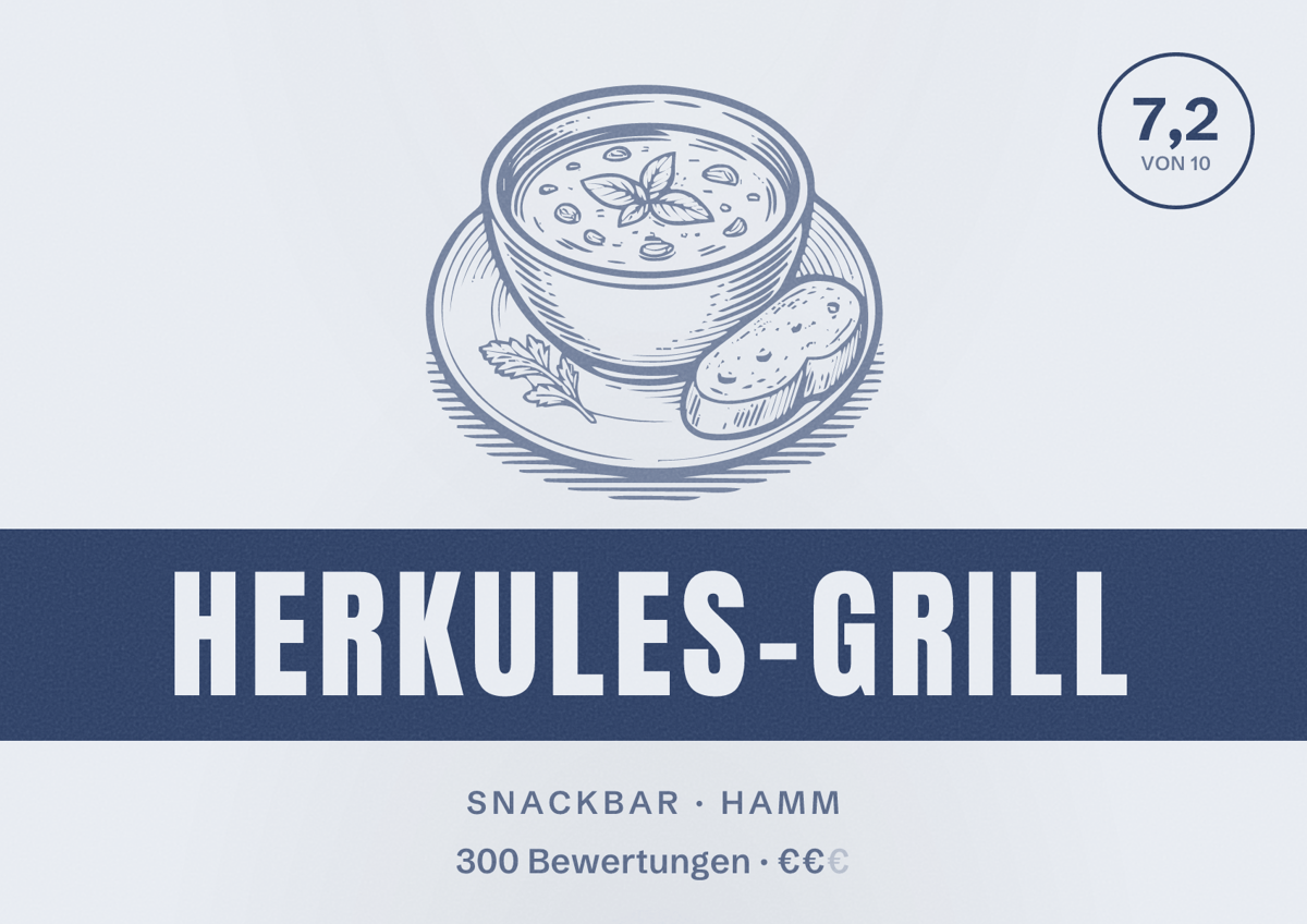 Illustriertes Poster von Herkules-Grill, Snackbar in Hamm: Bewertung 7,2 von 10 aus 300 Bewertungen, Preisniveau €€