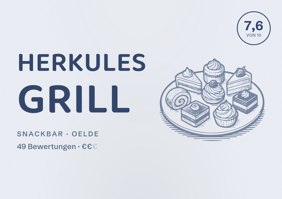 Illustriertes Poster von Herkules Grill, Snackbar in Oelde: Bewertung 7,6 von 10 aus 49 Bewertungen, Preisniveau €€