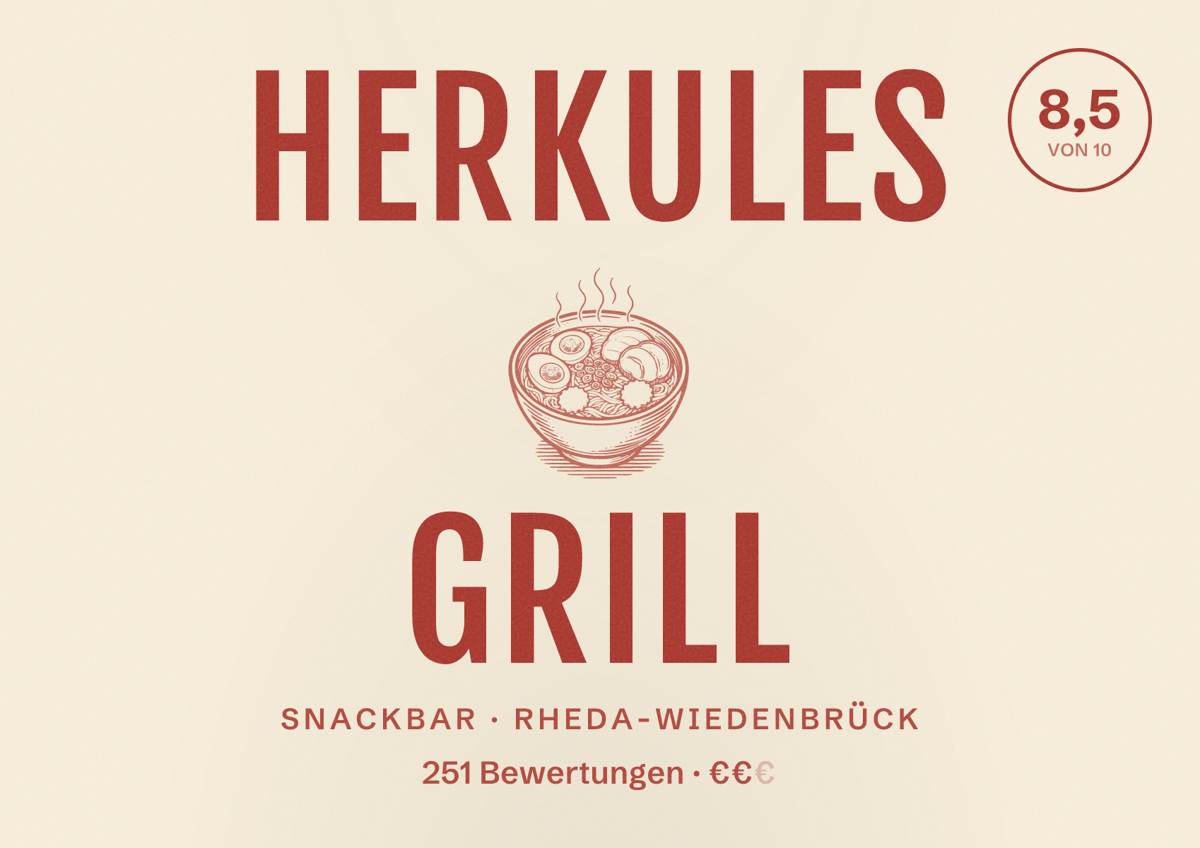 Illustriertes Poster von Herkules Grill, Snackbar in Rheda-Wiedenbrück: Bewertung 8,5 von 10 aus 251 Bewertungen, Preisniveau €€