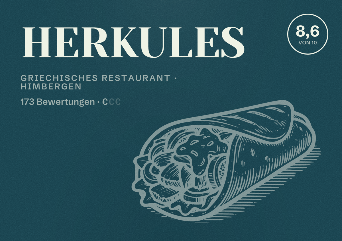 Illustriertes Poster von HERKULES, Griechisches Restaurant in Himbergen: Bewertung 8,6 von 10 aus 173 Bewertungen, Preisniveau €
