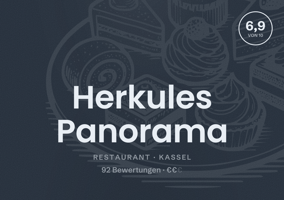 Illustriertes Poster von Herkules Panorama, Restaurant in Kassel: Bewertung 6,9 von 10 aus 92 Bewertungen, Preisniveau €€