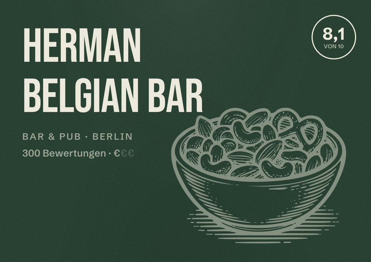Illustriertes Poster von HERMAN Belgian Bar, Bar & Pub in Berlin: Bewertung 8,1 von 10 aus 300 Bewertungen, Preisniveau €