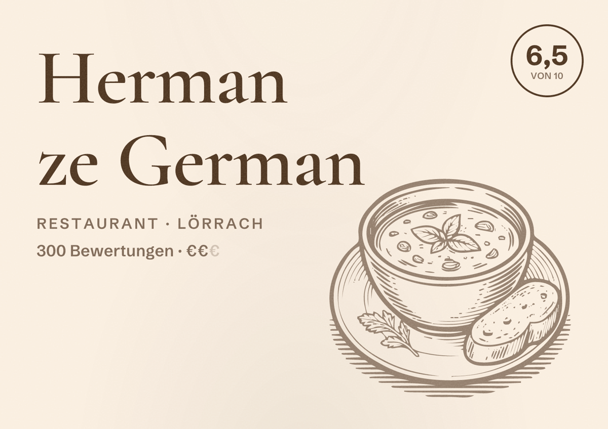 Illustriertes Poster von Herman ze German, Restaurant in Lörrach: Bewertung 6,5 von 10 aus 300 Bewertungen, Preisniveau €€