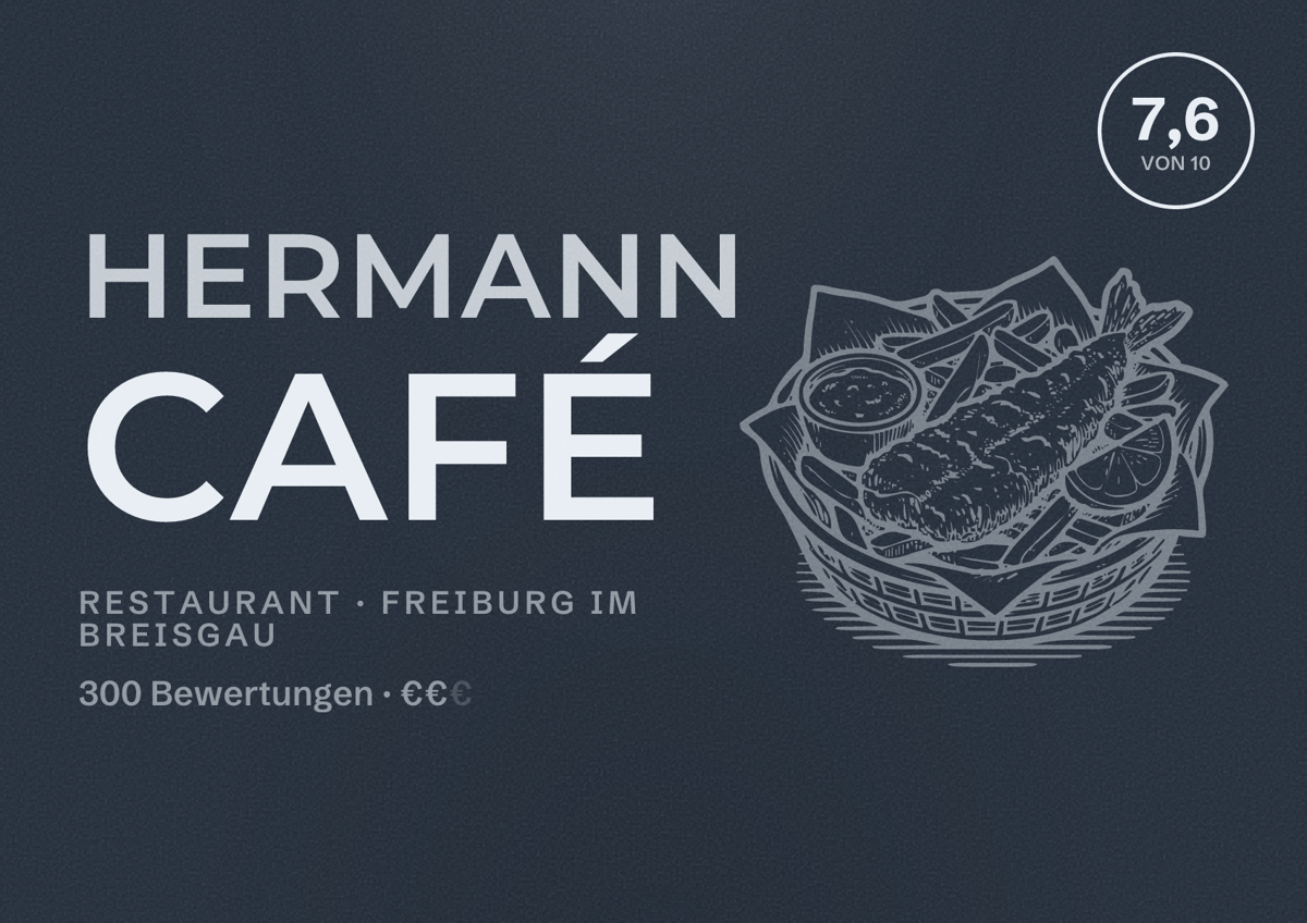 Illustriertes Poster von Hermann Café, Restaurant in Freiburg im Breisgau: Bewertung 7,6 von 10 aus 300 Bewertungen, Preisniveau €€