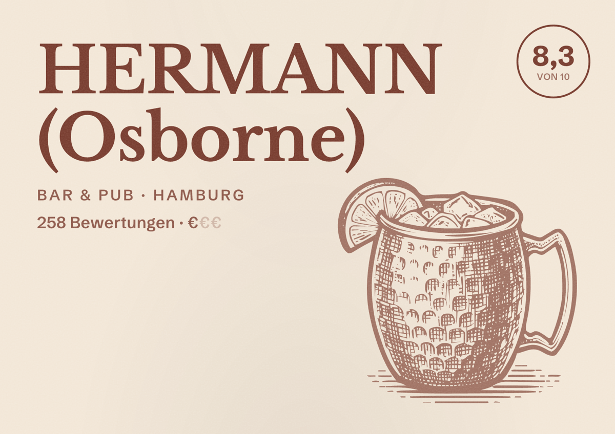 Illustriertes Poster von HERMANN (Osborne), Bar & Pub in Hamburg: Bewertung 8,3 von 10 aus 258 Bewertungen, Preisniveau €