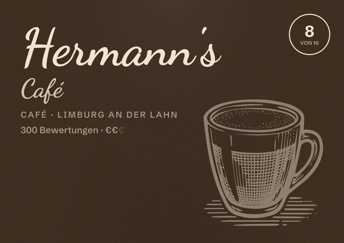 Illustriertes Poster von Hermann's Café, Café in Limburg an der Lahn: Bewertung 8 von 10 aus 300 Bewertungen, Preisniveau €€