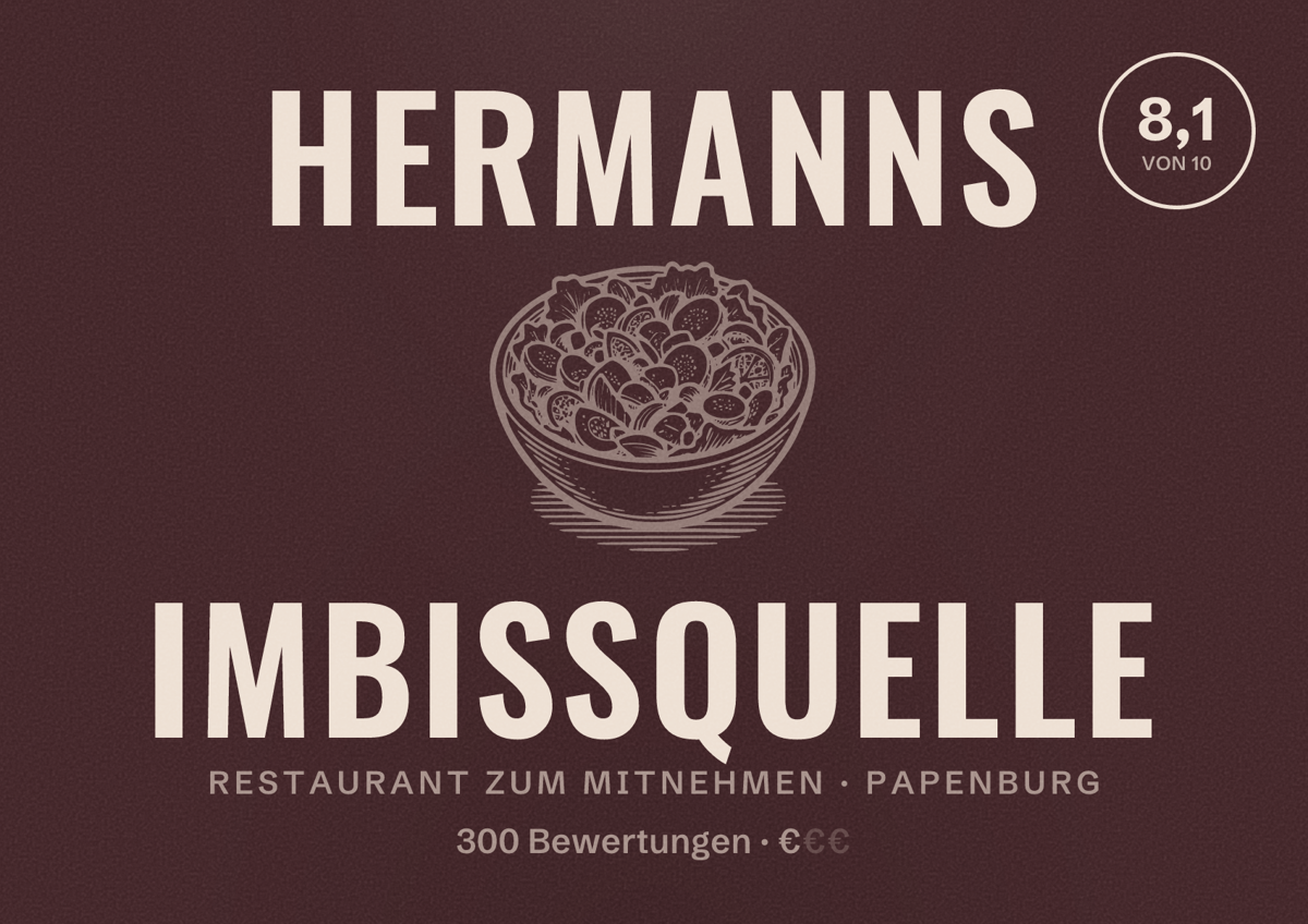 Illustriertes Poster von Hermanns Imbissquelle, Restaurant zum Mitnehmen in Papenburg: Bewertung 8,1 von 10 aus 300 Bewertungen, Preisniveau €
