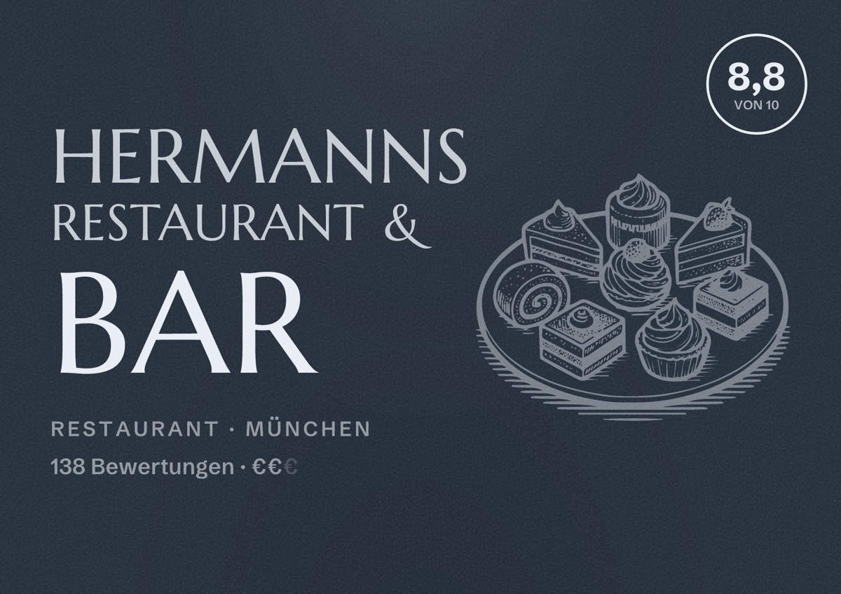 Illustriertes Poster von Hermanns Restaurant & Bar, Restaurant in München: Bewertung 8,8 von 10 aus 138 Bewertungen, Preisniveau €€