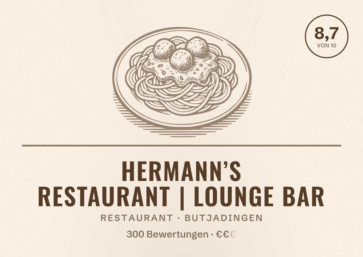 Illustriertes Poster von Hermann’s Restaurant | Lounge Bar, Restaurant in Butjadingen: Bewertung 8,7 von 10 aus 300 Bewertungen, Preisniveau €€