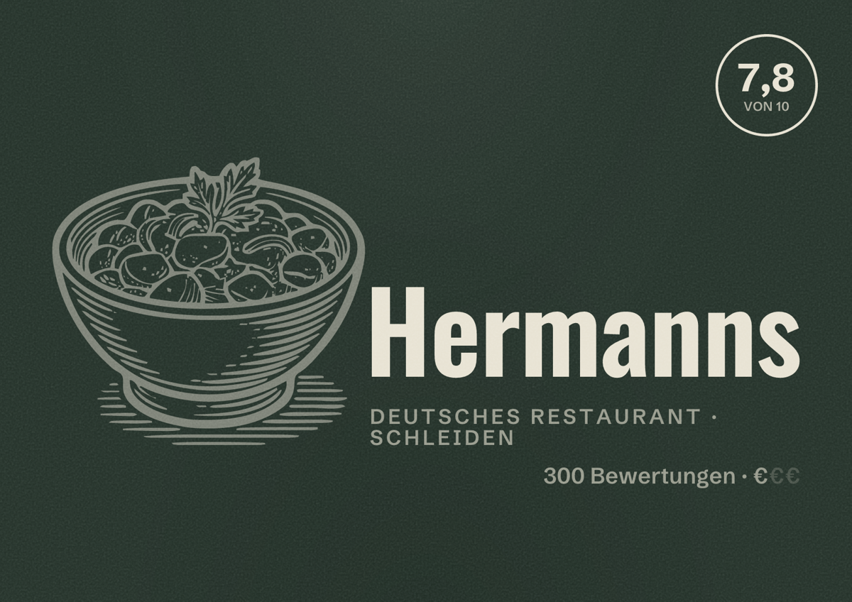 Illustriertes Poster von Hermanns, Deutsches Restaurant in Schleiden: Bewertung 7,8 von 10 aus 300 Bewertungen, Preisniveau €