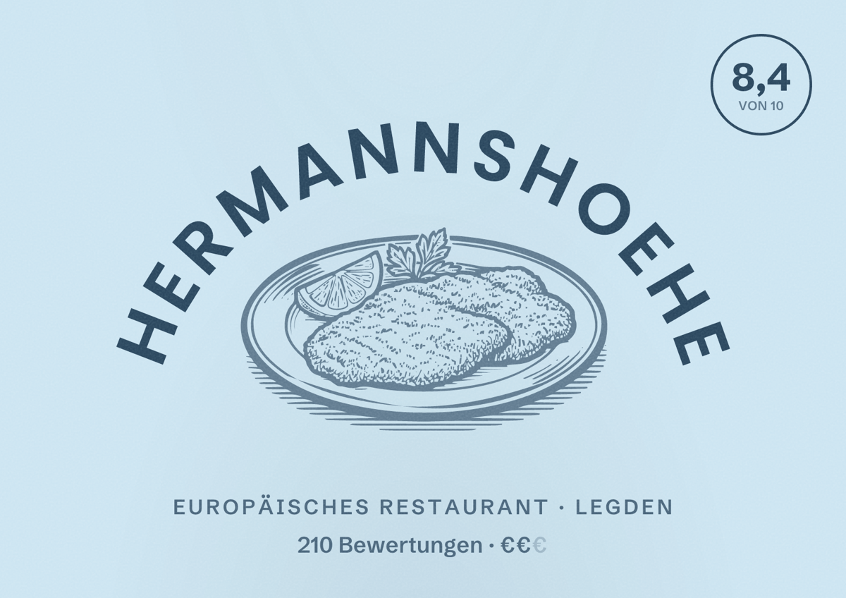 Illustriertes Poster von Hermannshoehe, Europäisches Restaurant in Legden: Bewertung 8,4 von 10 aus 210 Bewertungen, Preisniveau €€