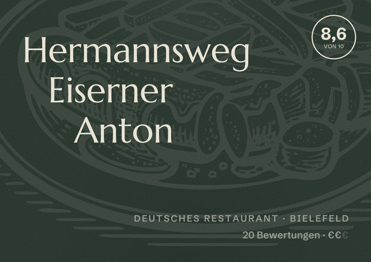 Illustriertes Poster von Hermannsweg Eiserner Anton, Deutsches Restaurant in Bielefeld: Bewertung 8,6 von 10 aus 20 Bewertungen, Preisniveau €€