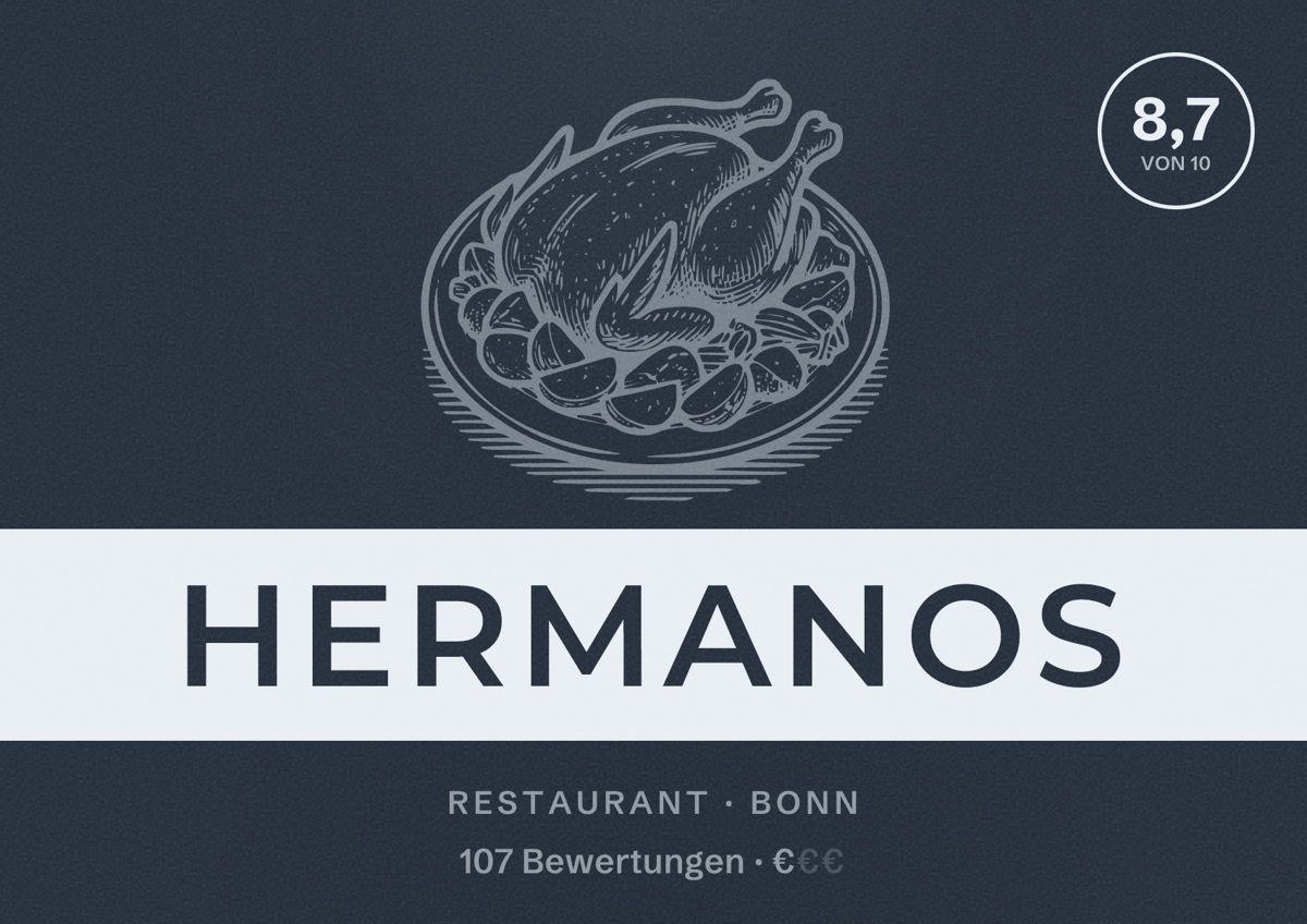 Illustriertes Poster von Hermanos, Restaurant in Bonn: Bewertung 8,7 von 10 aus 107 Bewertungen, Preisniveau €