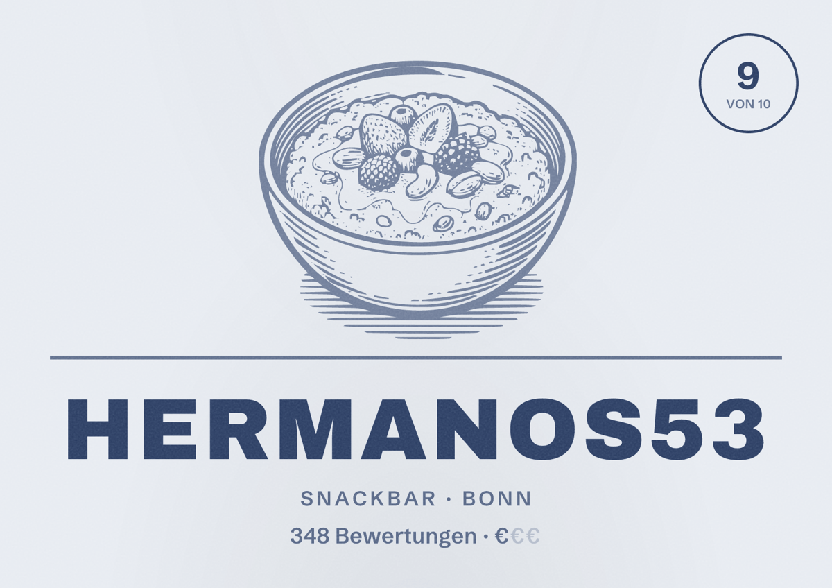 Illustriertes Poster von Hermanos53, Snackbar in Bonn: Bewertung 9 von 10 aus 348 Bewertungen, Preisniveau €
