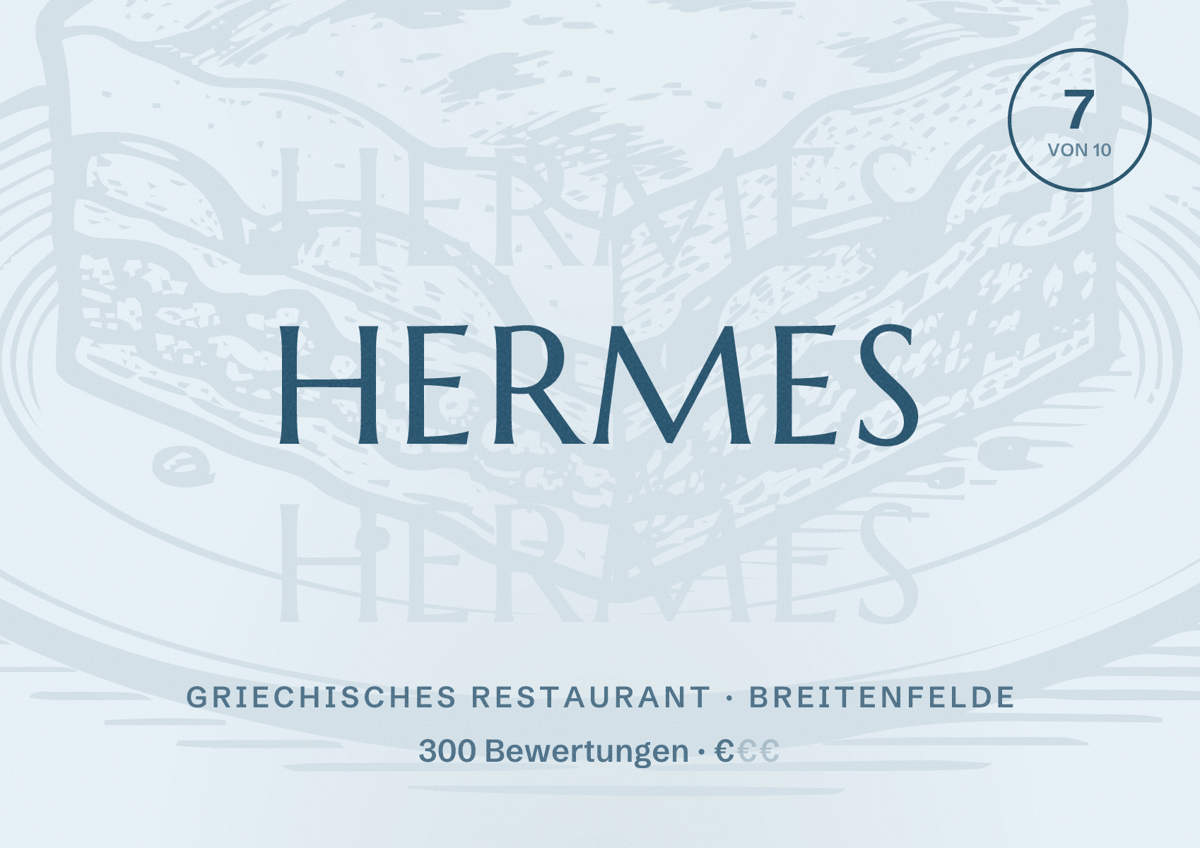 Illustriertes Poster von Hermes, Griechisches Restaurant in Breitenfelde: Bewertung 7 von 10 aus 300 Bewertungen, Preisniveau €