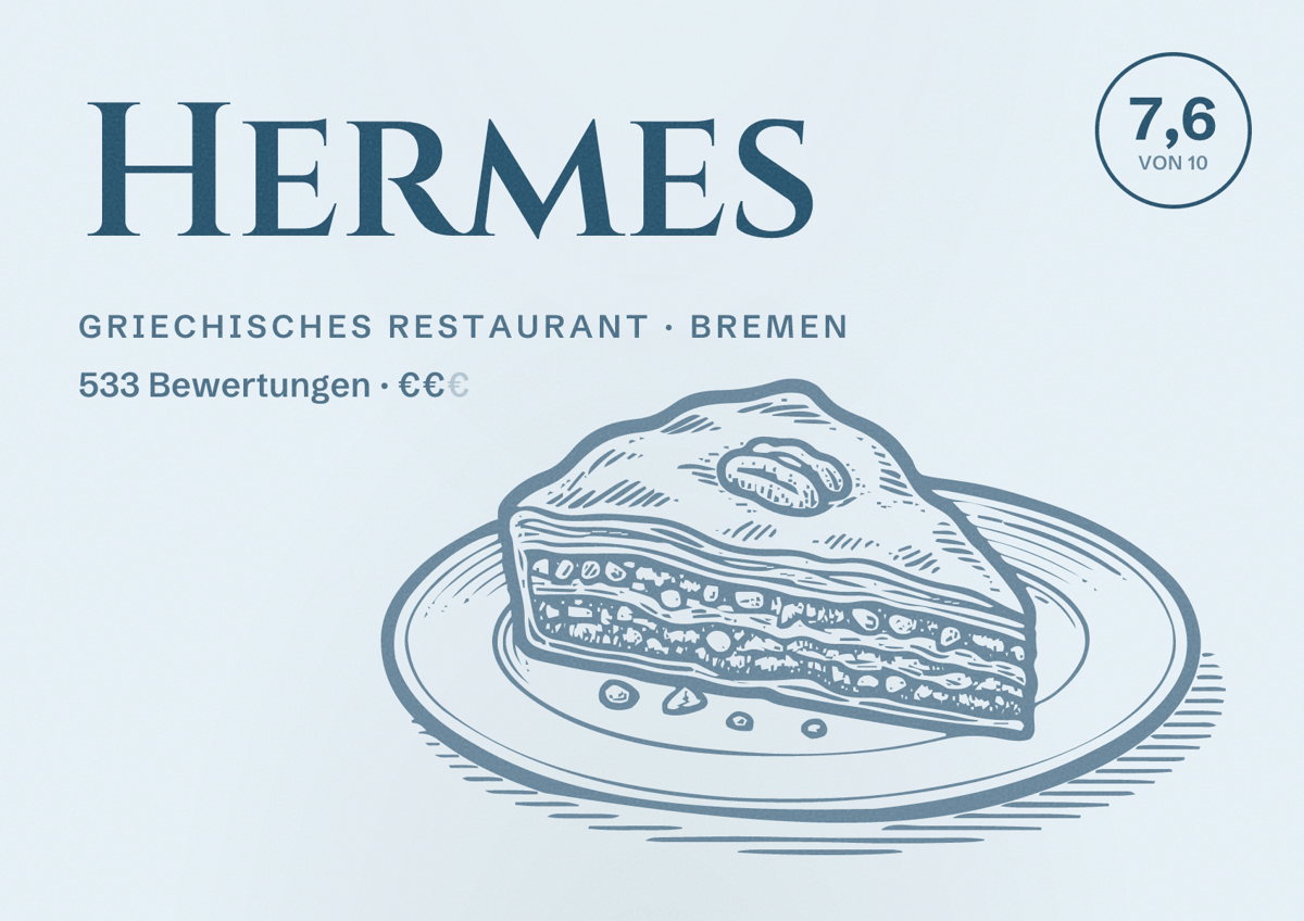 Illustriertes Poster von Hermes, Griechisches Restaurant in Bremen: Bewertung 7,6 von 10 aus 533 Bewertungen, Preisniveau €€