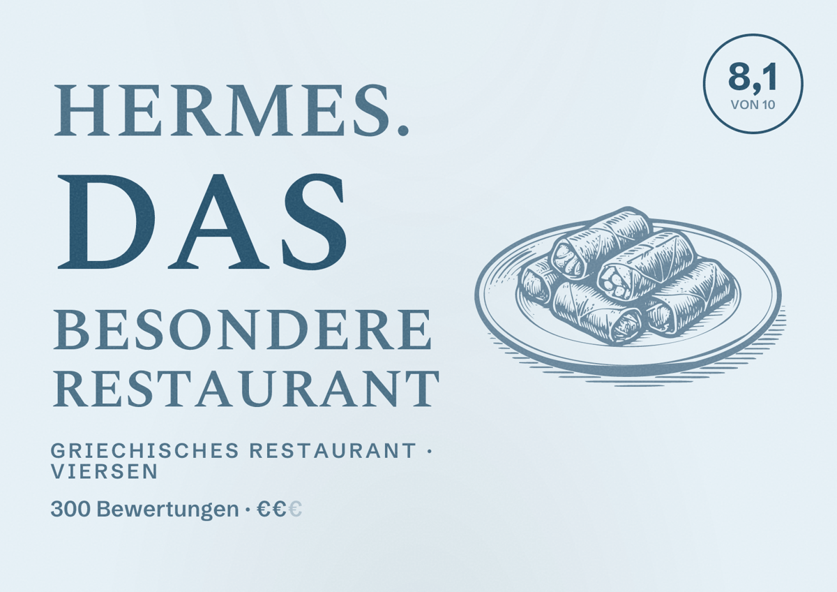 Illustriertes Poster von Hermes. Das Besondere Restaurant, Griechisches Restaurant in Viersen: Bewertung 8,1 von 10 aus 300 Bewertungen, Preisniveau €€