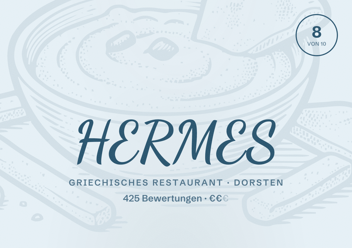 Illustriertes Poster von HERMES, Griechisches Restaurant in Dorsten: Bewertung 8,0 von 10 aus 425 Bewertungen, Preisniveau €€