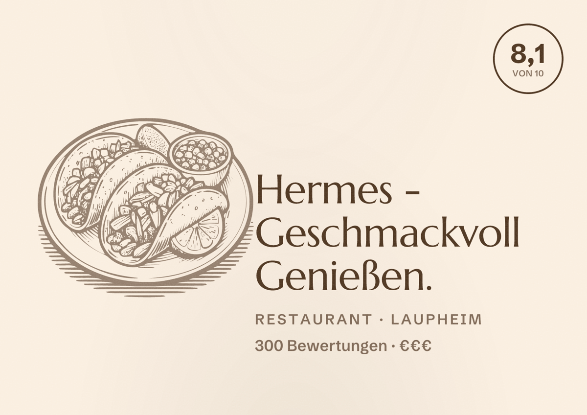 Illustriertes Poster von Hermes - Geschmackvoll Genießen., Restaurant in Laupheim: Bewertung 8,1 von 10 aus 300 Bewertungen, Preisniveau €€€