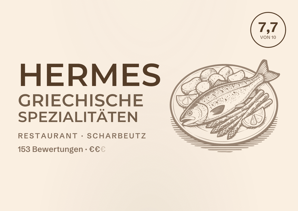 Illustriertes Poster von Hermes Griechische Spezialitäten, Restaurant in Scharbeutz: Bewertung 7,7 von 10 aus 153 Bewertungen, Preisniveau €€
