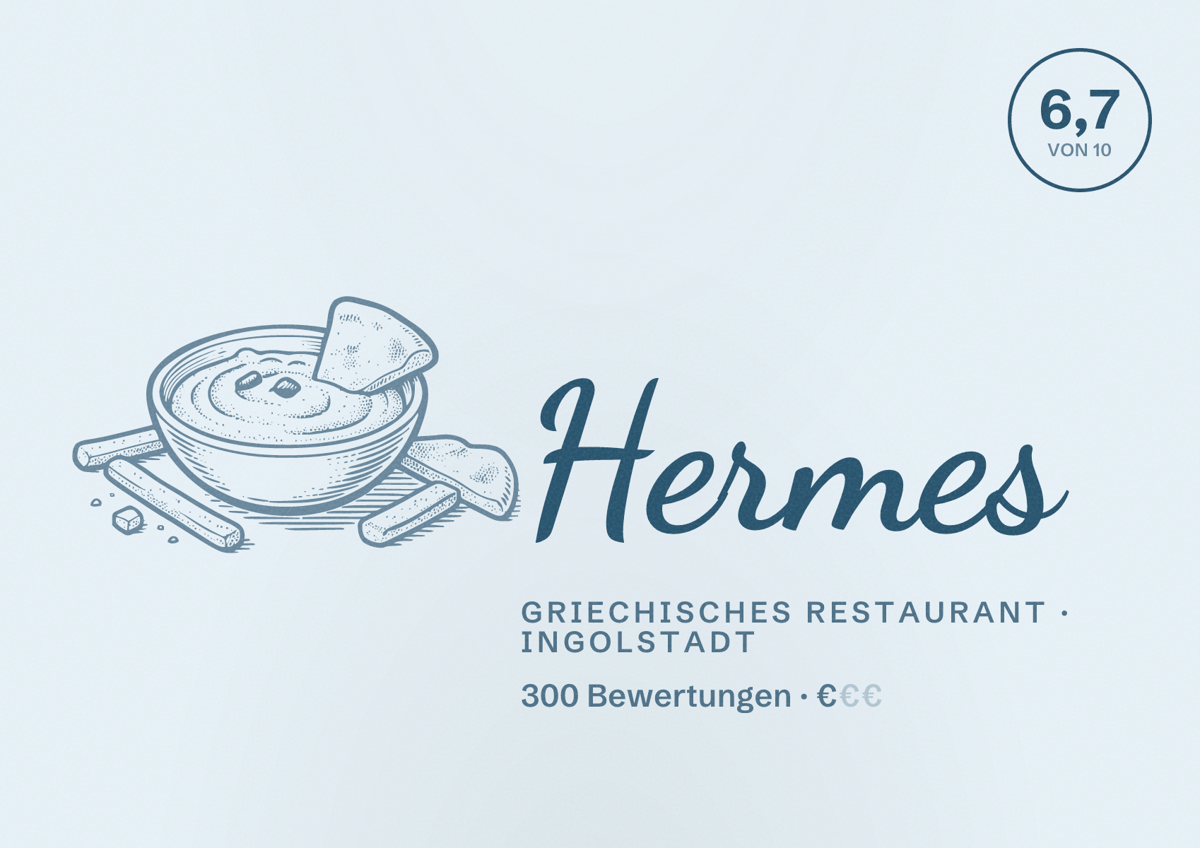 Illustriertes Poster von Hermes, Griechisches Restaurant in Ingolstadt: Bewertung 6,7 von 10 aus 300 Bewertungen, Preisniveau €