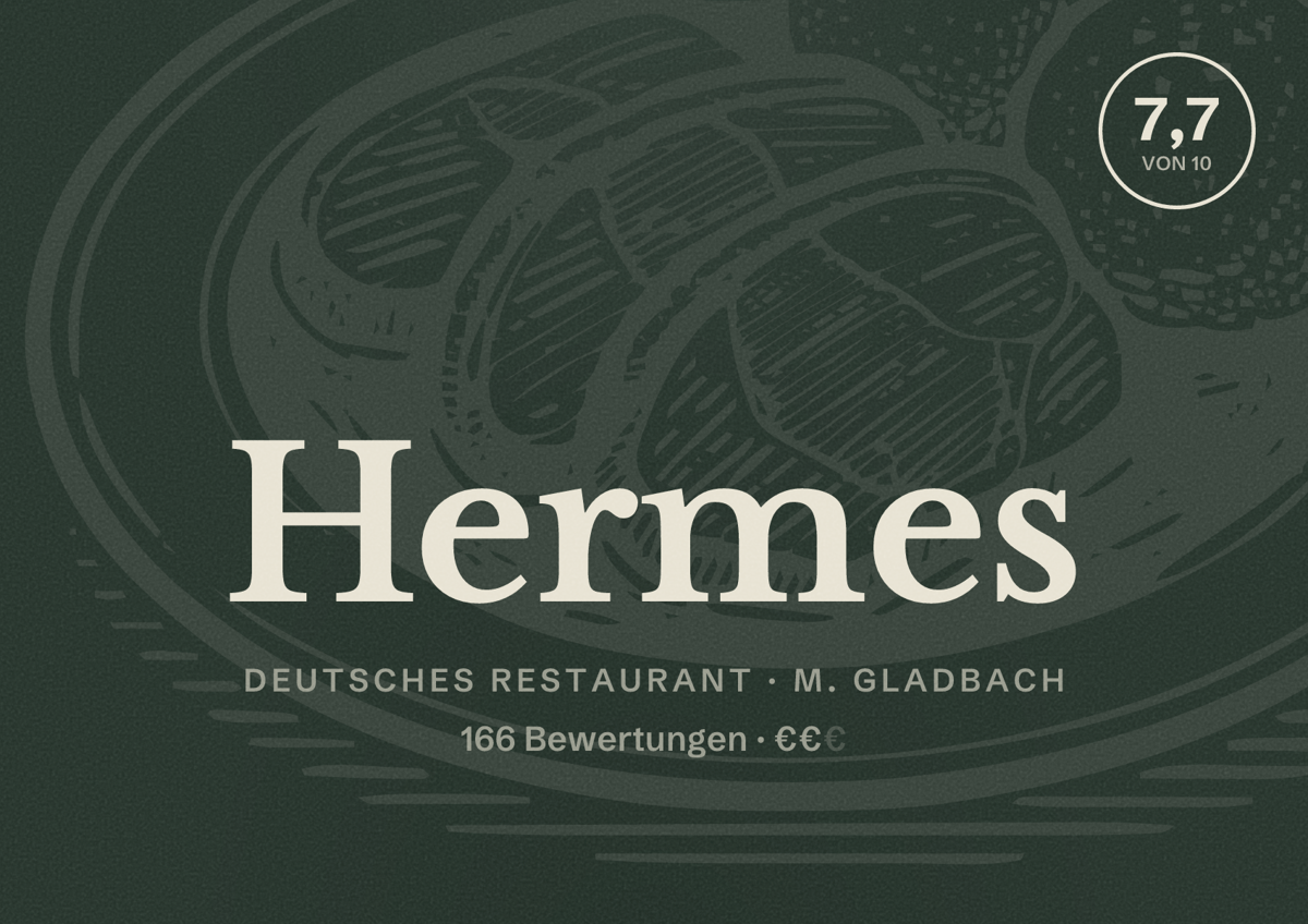 Illustriertes Poster von Hermes, Deutsches Restaurant in M. Gladbach: Bewertung 7,7 von 10 aus 166 Bewertungen, Preisniveau €€