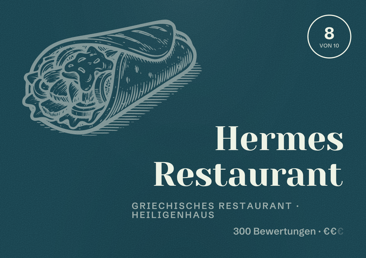 Illustriertes Poster von Hermes Restaurant, Griechisches Restaurant in Heiligenhaus: Bewertung 8 von 10 aus 300 Bewertungen, Preisniveau €€