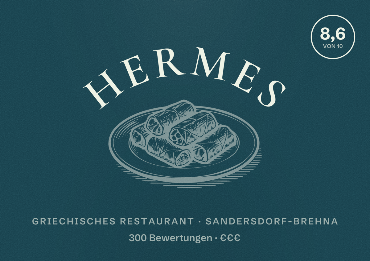 Illustriertes Poster von HERMES, Griechisches Restaurant in Sandersdorf-Brehna: Bewertung 8,6 von 10 aus 300 Bewertungen, Preisniveau €€€
