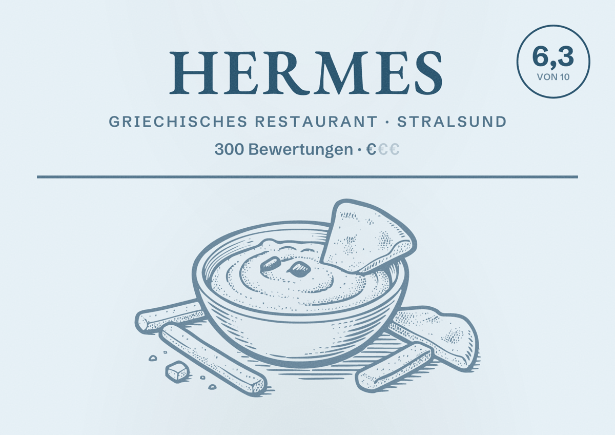 Illustriertes Poster von Hermes, Griechisches Restaurant in Stralsund: Bewertung 6,3 von 10 aus 300 Bewertungen, Preisniveau €