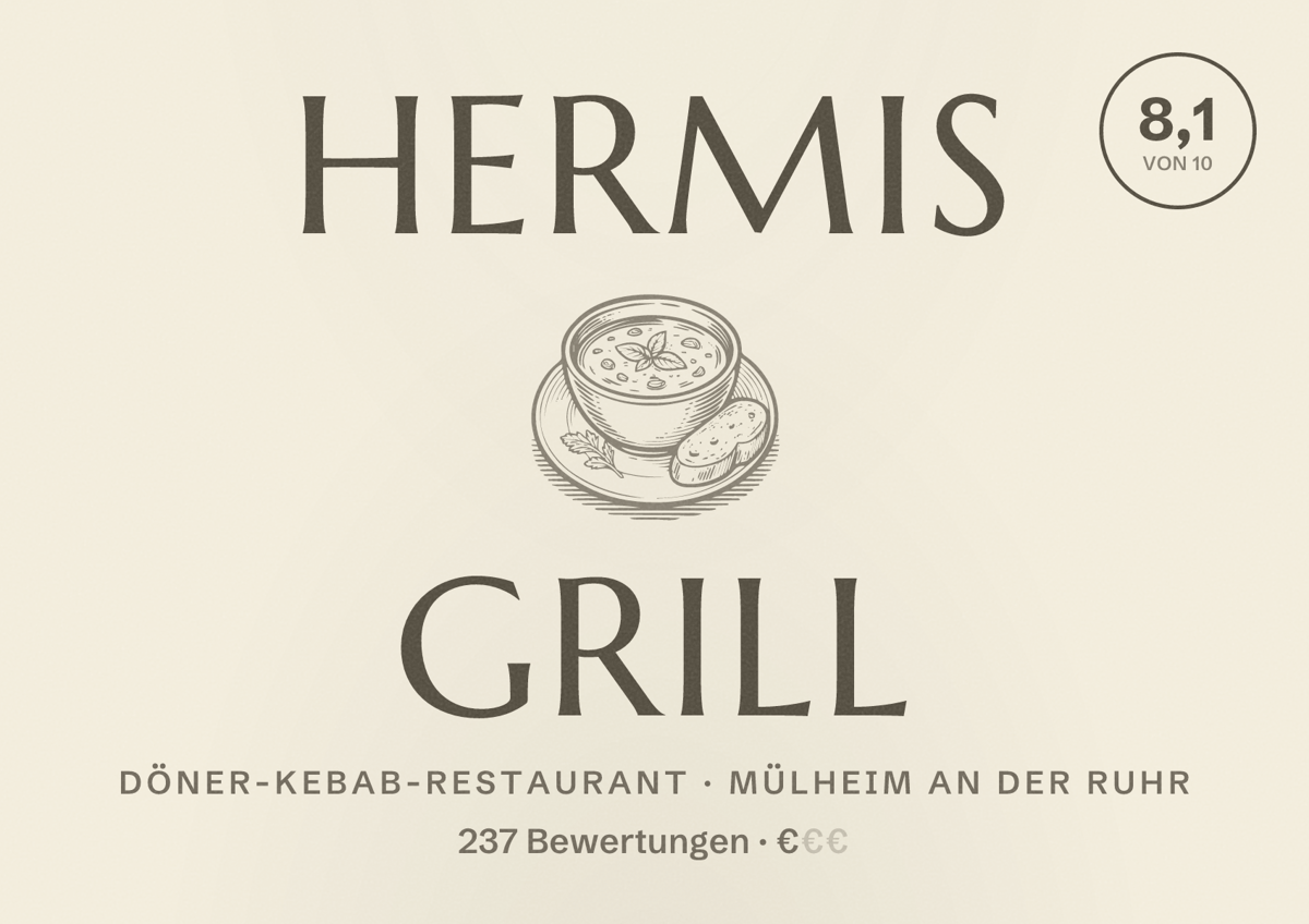 Illustriertes Poster von Hermis Grill, Döner-Kebab-Restaurant in Mülheim an der Ruhr: Bewertung 8,1 von 10 aus 237 Bewertungen, Preisniveau €
