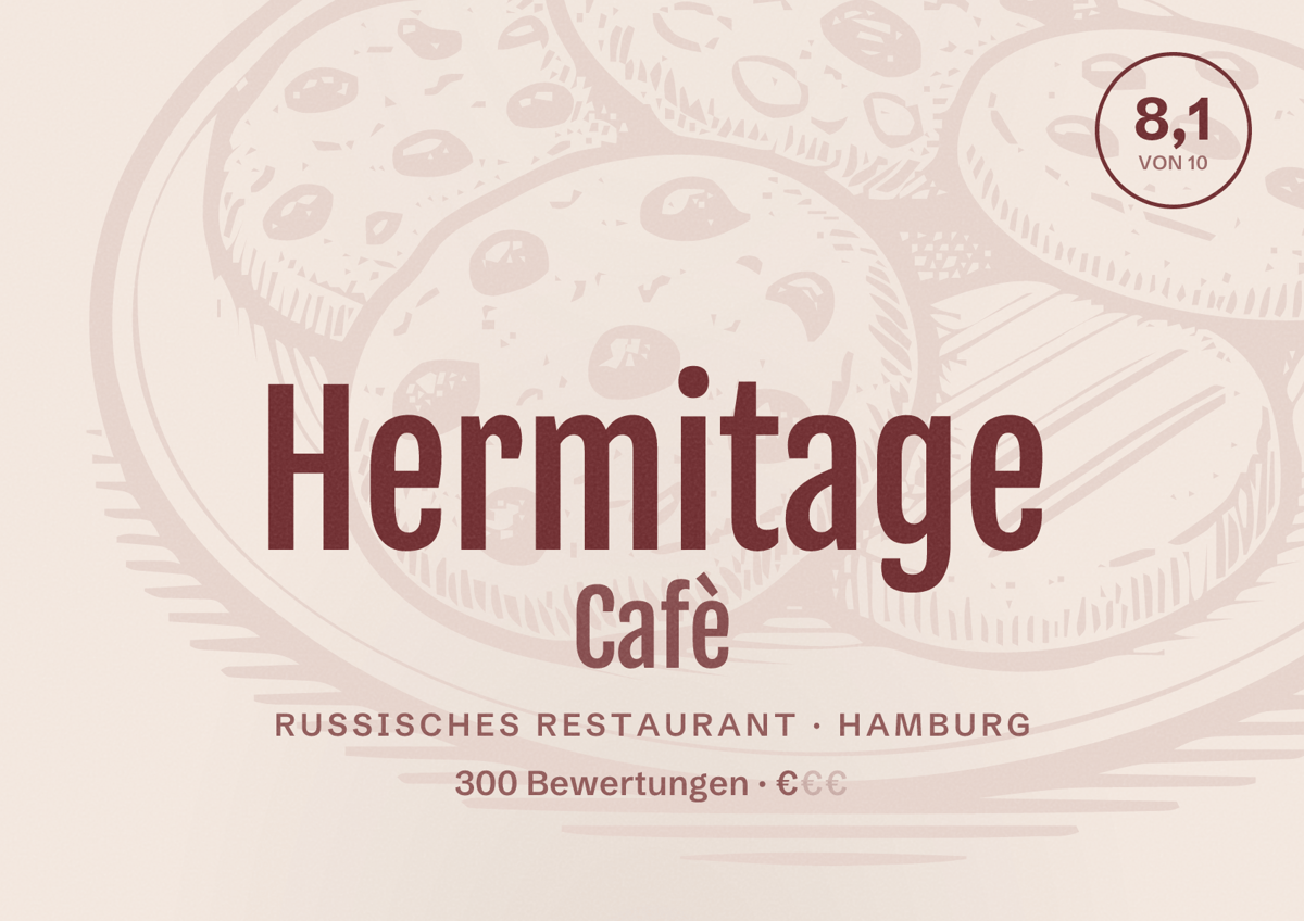 Illustriertes Poster von Hermitage Cafè, Russisches Restaurant in Hamburg: Bewertung 8,1 von 10 aus 300 Bewertungen, Preisniveau €