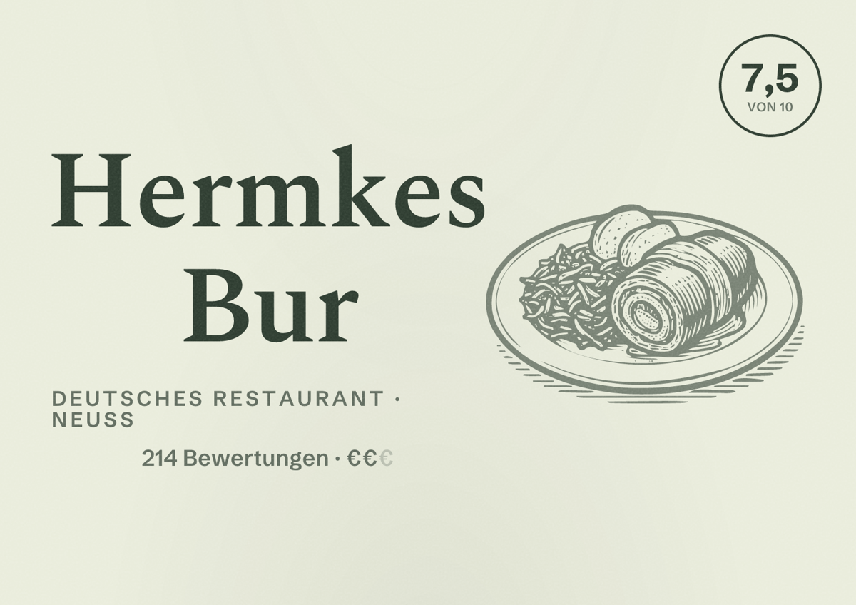 Illustriertes Poster von Hermkes Bur, Deutsches Restaurant in Neuss: Bewertung 7,5 von 10 aus 214 Bewertungen, Preisniveau €€