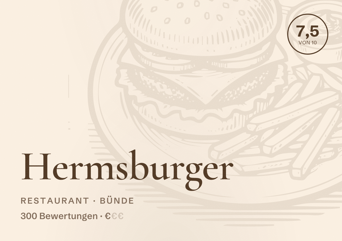 Illustriertes Poster von Hermsburger, Restaurant in Bünde: Bewertung 7,5 von 10 aus 300 Bewertungen, Preisniveau €