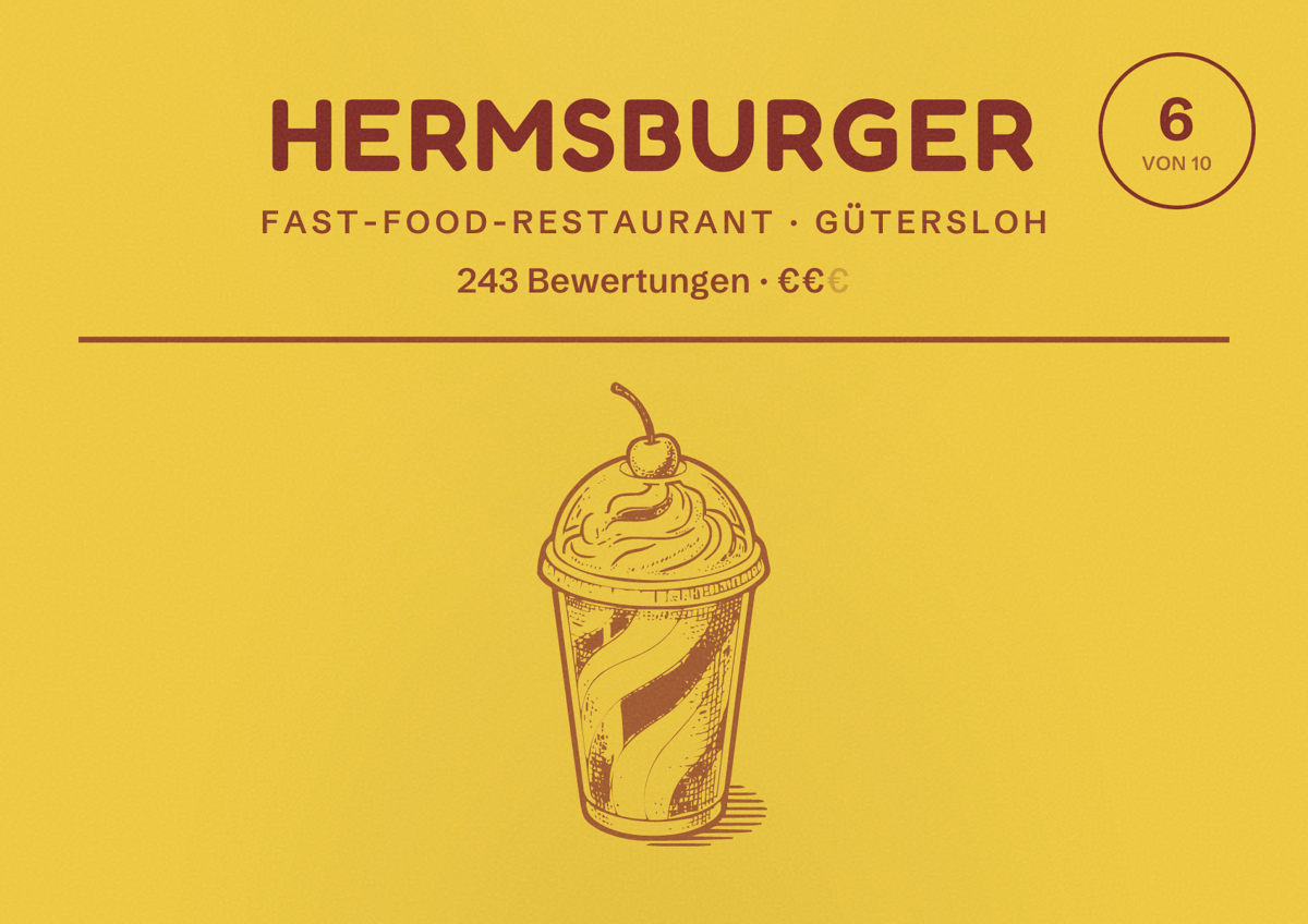 Illustriertes Poster von Hermsburger, Fast-Food-Restaurant in Gütersloh: Gästebewertung 6 von 10 aus 243 Bewertungen