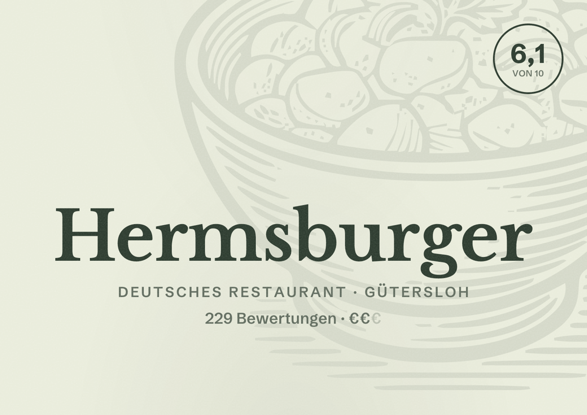 Illustriertes Poster von Hermsburger, Deutsches Restaurant in Gütersloh: Bewertung 6,1 von 10 aus 229 Bewertungen, Preisniveau €€