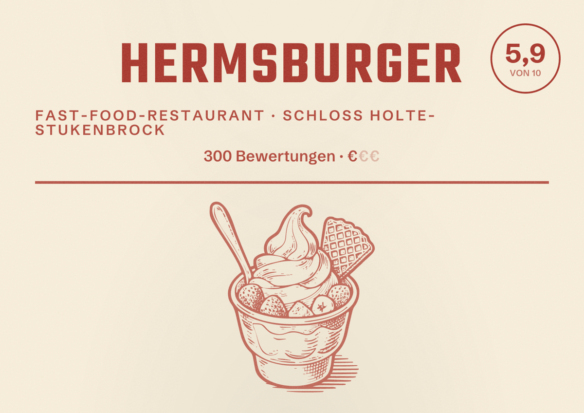 Illustriertes Poster von Hermsburger, Fast-Food-Restaurant in Schloß Holte-Stukenbrock: Bewertung 5,9 von 10 aus 300 Bewertungen, Preisniveau €