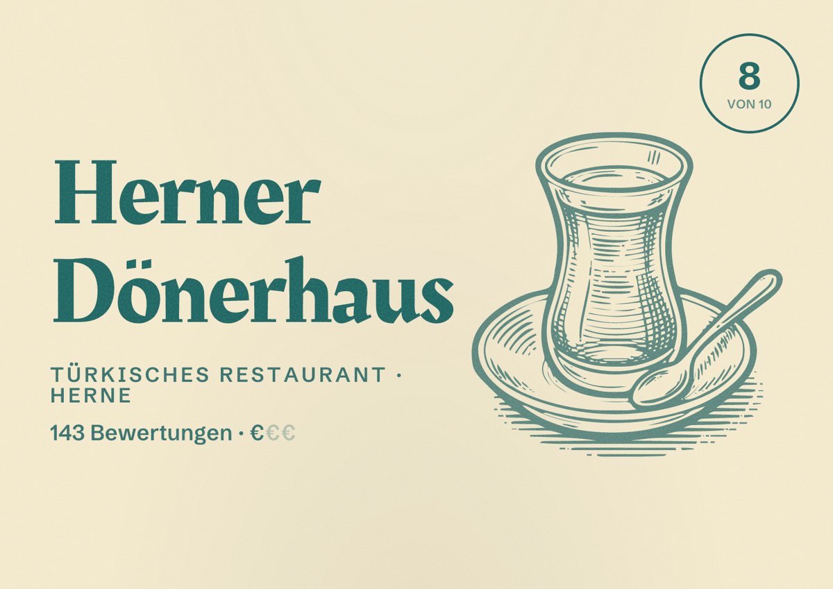 Illustriertes Poster von Herner Dönerhaus, Türkisches Restaurant in Herne: Bewertung 8,0 von 10 aus 143 Bewertungen, Preisniveau €